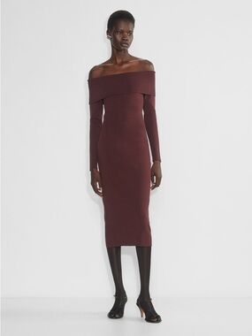 Babaton Off-the-Shoulder Long Sleeve Midi Dress in Burgundy